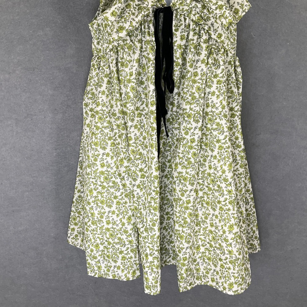 Green Dainty Floral Ruffle V Neck Mini Dress Black Tie Babydoll Cottagecore Boho - Picture 4 of 8
